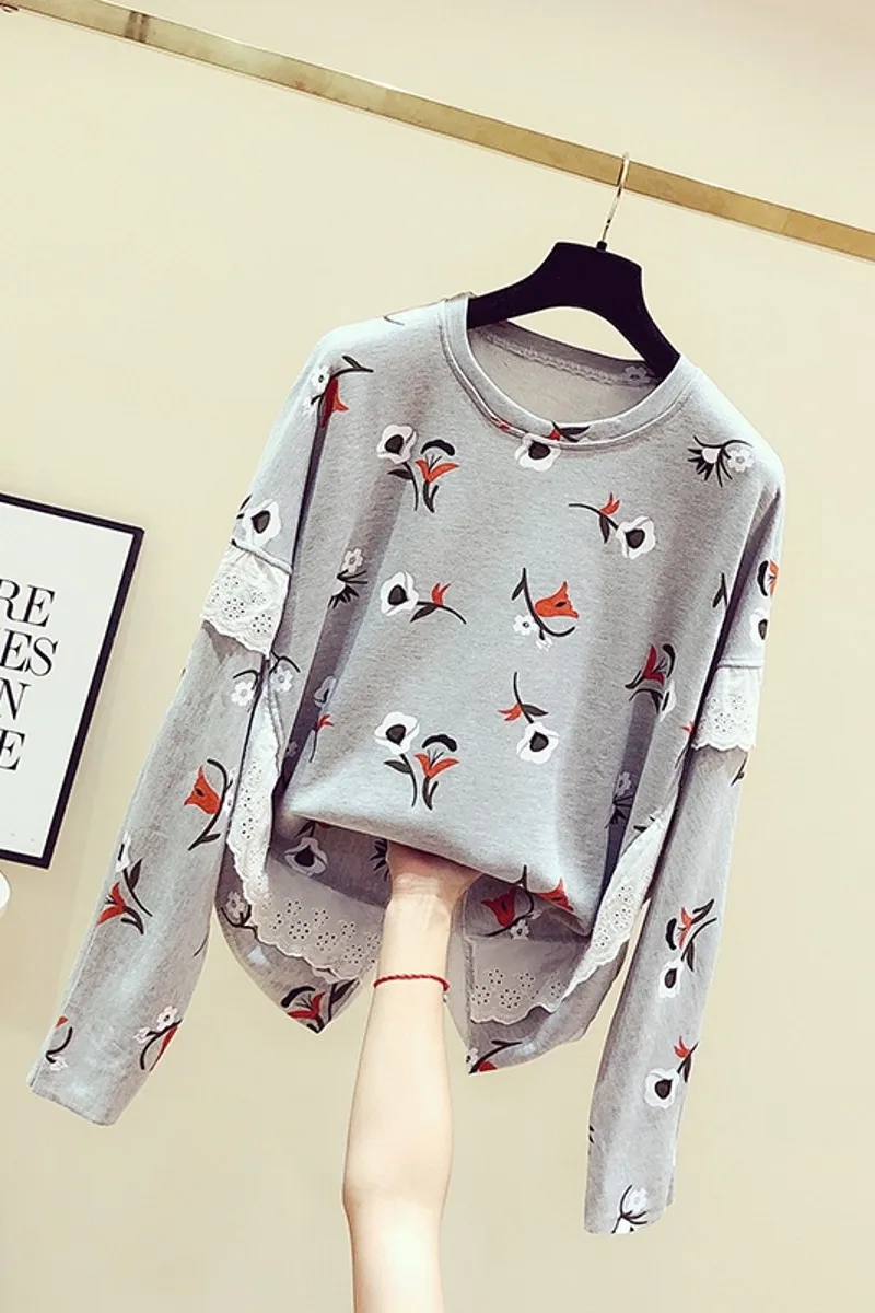 

Fall Winter Hoodies Woman 2019 New Korean Flower Printing Lace Stitching Crewneck Long Sleeve Pullover Coat Loose Jacket Student