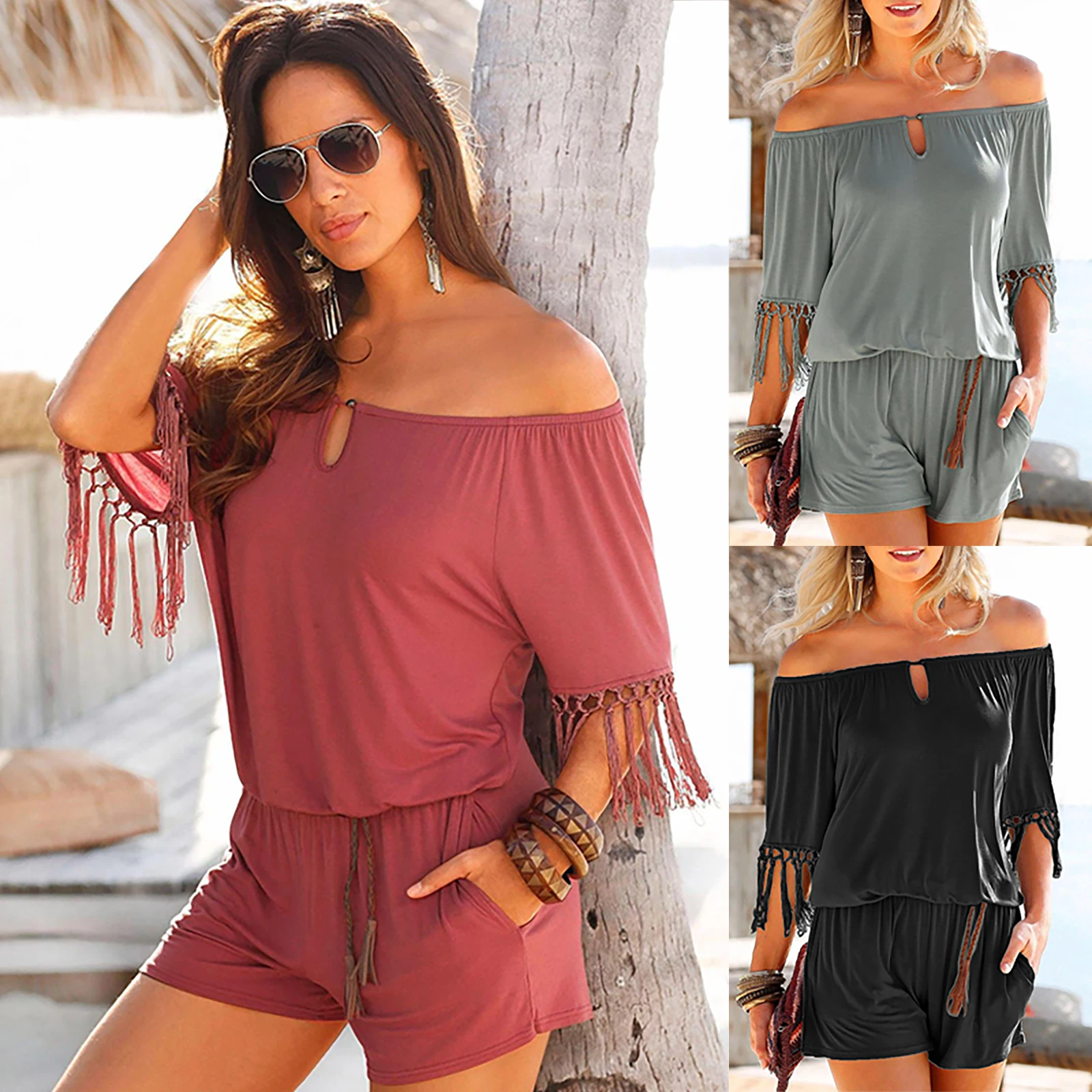 

Женский однотонный комбинезон с открытыми плечами, повседневные праздничные Мини-шорты, комбинезоны, Летний Пляжный комбинезон с кисточка...