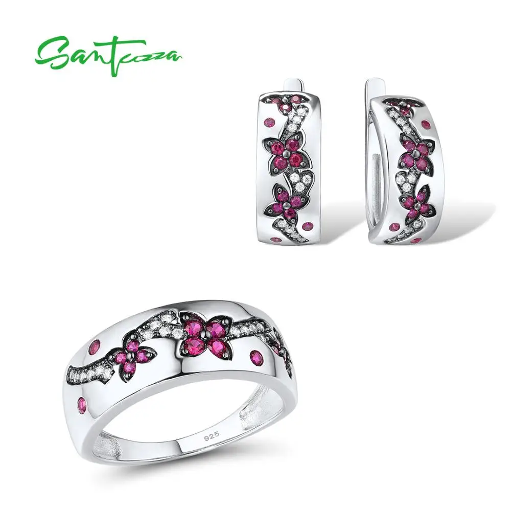 

Набор колец и сережек SANTUZZA, ювелирные украшения из стерлингового серебра 925 пробы со сверкающими рубинами и нежными цветами, набор украшени...