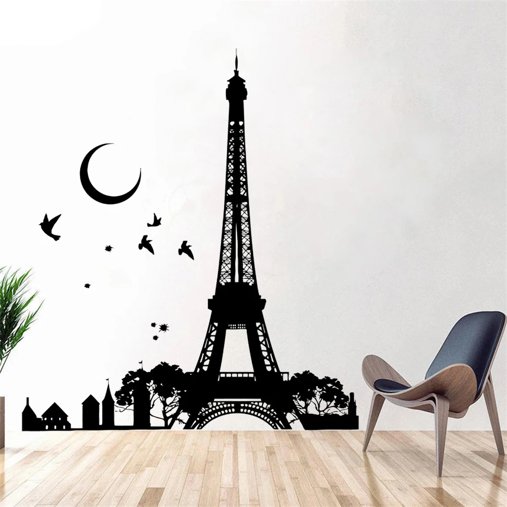Настенные наклейки романтический Париж Франция Эйфелева башня Ночь Луна ПТИЦЫ