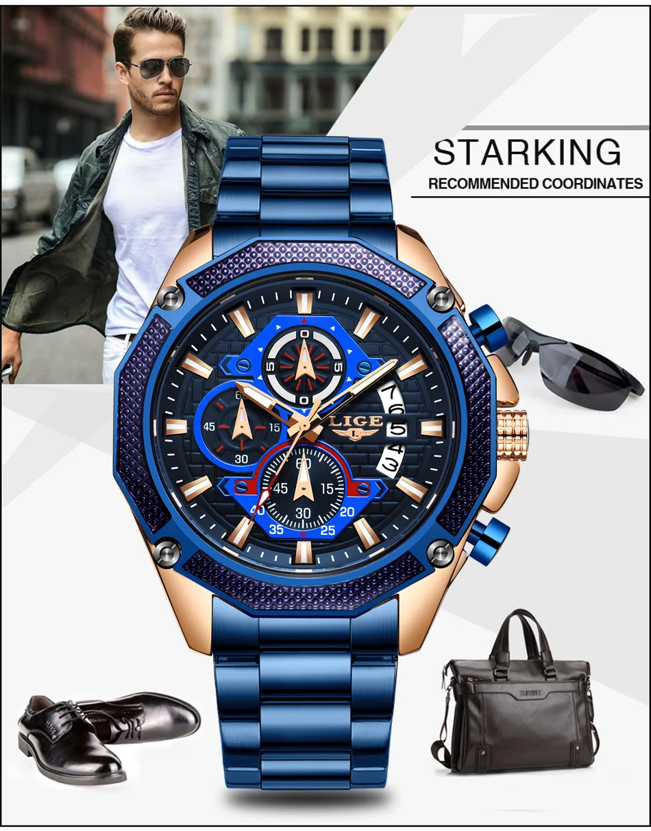 Relogio Masculino LIGE Топ Роскошные деловые мужские часы из нержавеющей стали водонепроницаемые армейские военные кварцевые часы мужские часы с большим циферблатом