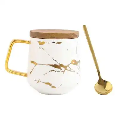 white mug Креативные свежие в скандинавском стиле мраморные матовые керамические золотистые чайная, кофейная кружка с деревянной крышкой лоток подарок - Цвет: white mug