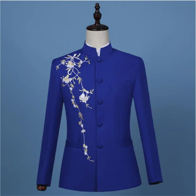 Blue embroidery blazer men groom suit mens Chinese style retro tunic suits costume singer stage slim clothing formal dress