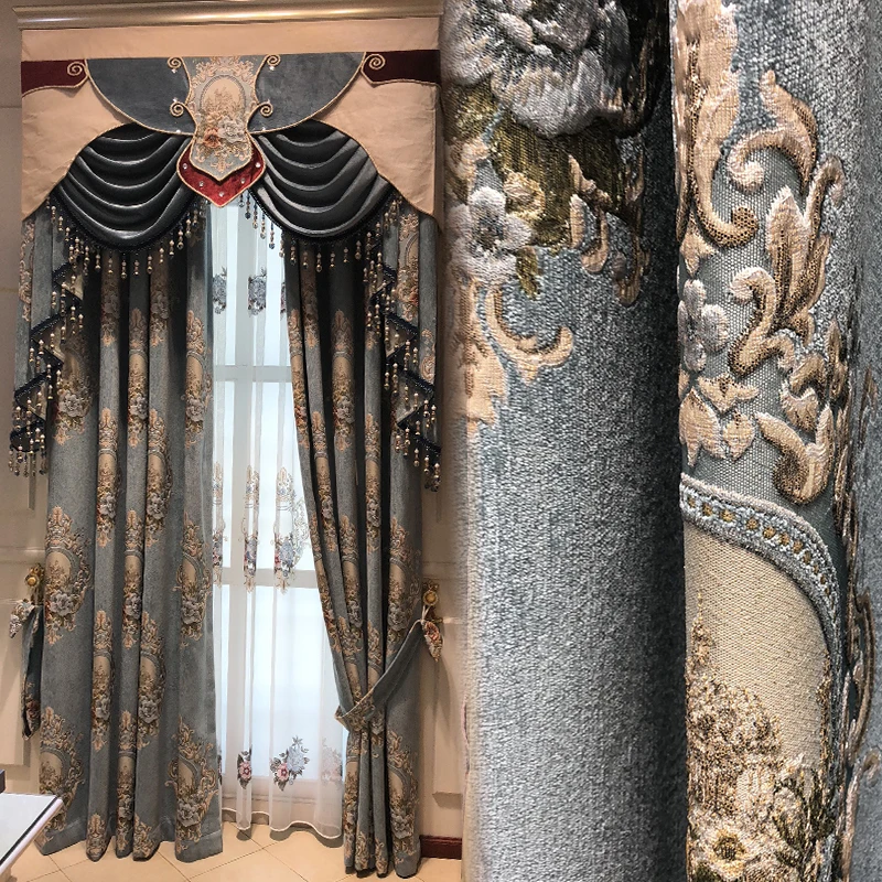 

Blackout Embroidered Tulle Living Room Grey Luxury European Curtains Bedroom Flower Pattern Curtains Tulle Windows