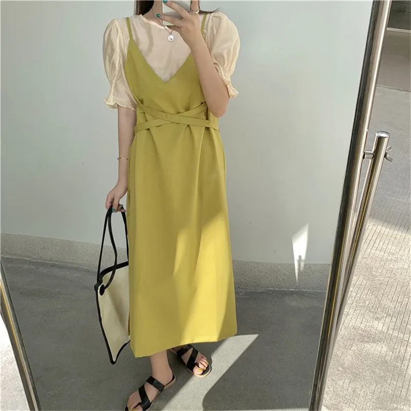 

Spring & Autumn New Dresses Mid-calf Korean Ins Stitching Fake Two-piece O-neck Mid-length Dress for Young Women LYQ351