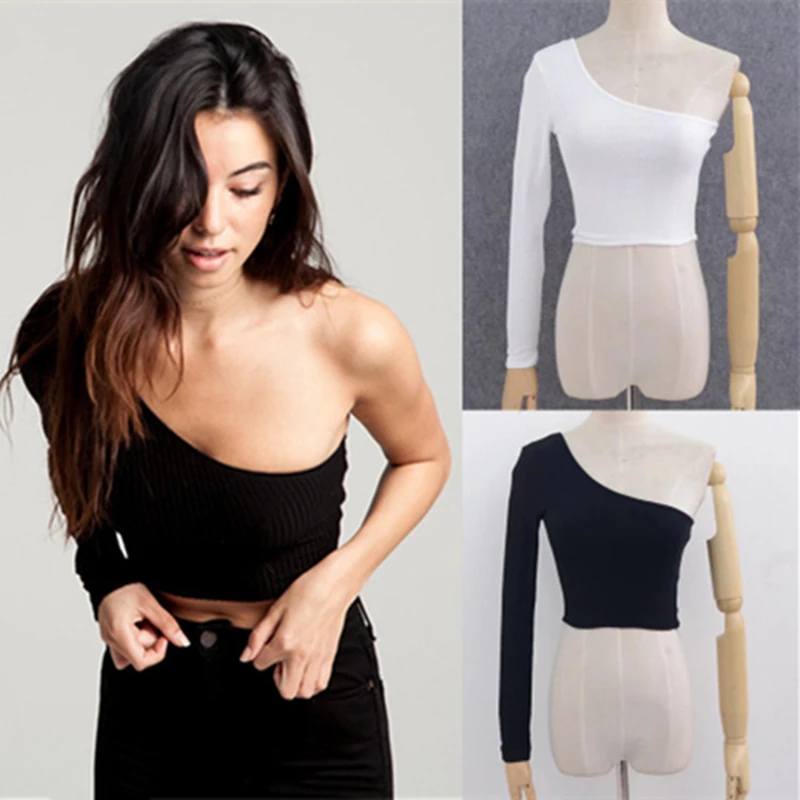 

One Shoulder Long Sleeve Camisole Top Femal Knitted Crop Top Women Tops Streetwear Elastic Short Knitting Cropped Cami Tees