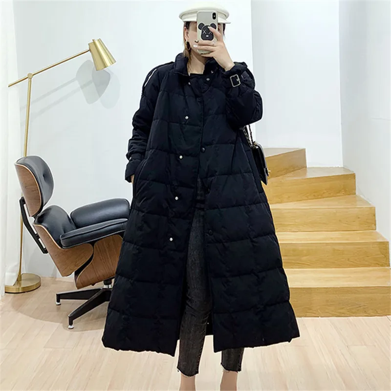 Женский однобортный пуховик на белом утином пуху Повседневная Толстая теплая длинная куртка свободного
