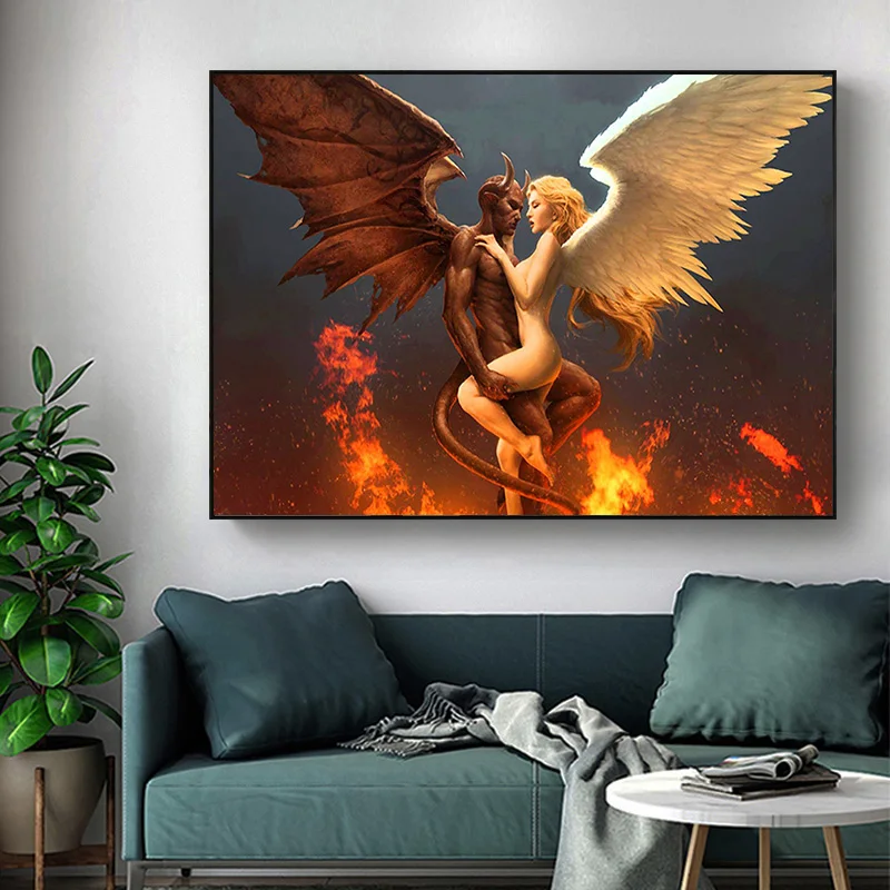 

Flame Angel and Devil Canvas Pictures Vintage Man and Woman Posters and Prints Nordic Wall Art Living Room Home Decor Painting