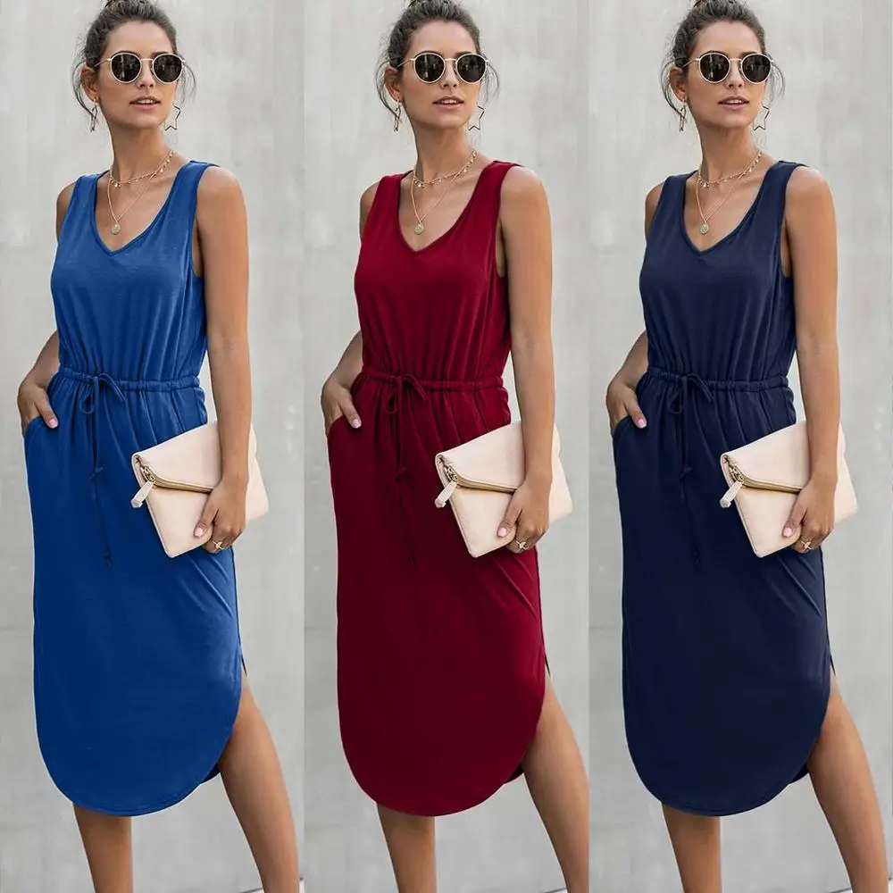 

2021 dress sexy V-neck sleeveless mid-length asymmetric summer drawstring high waist loose solid color dress shirt long dress