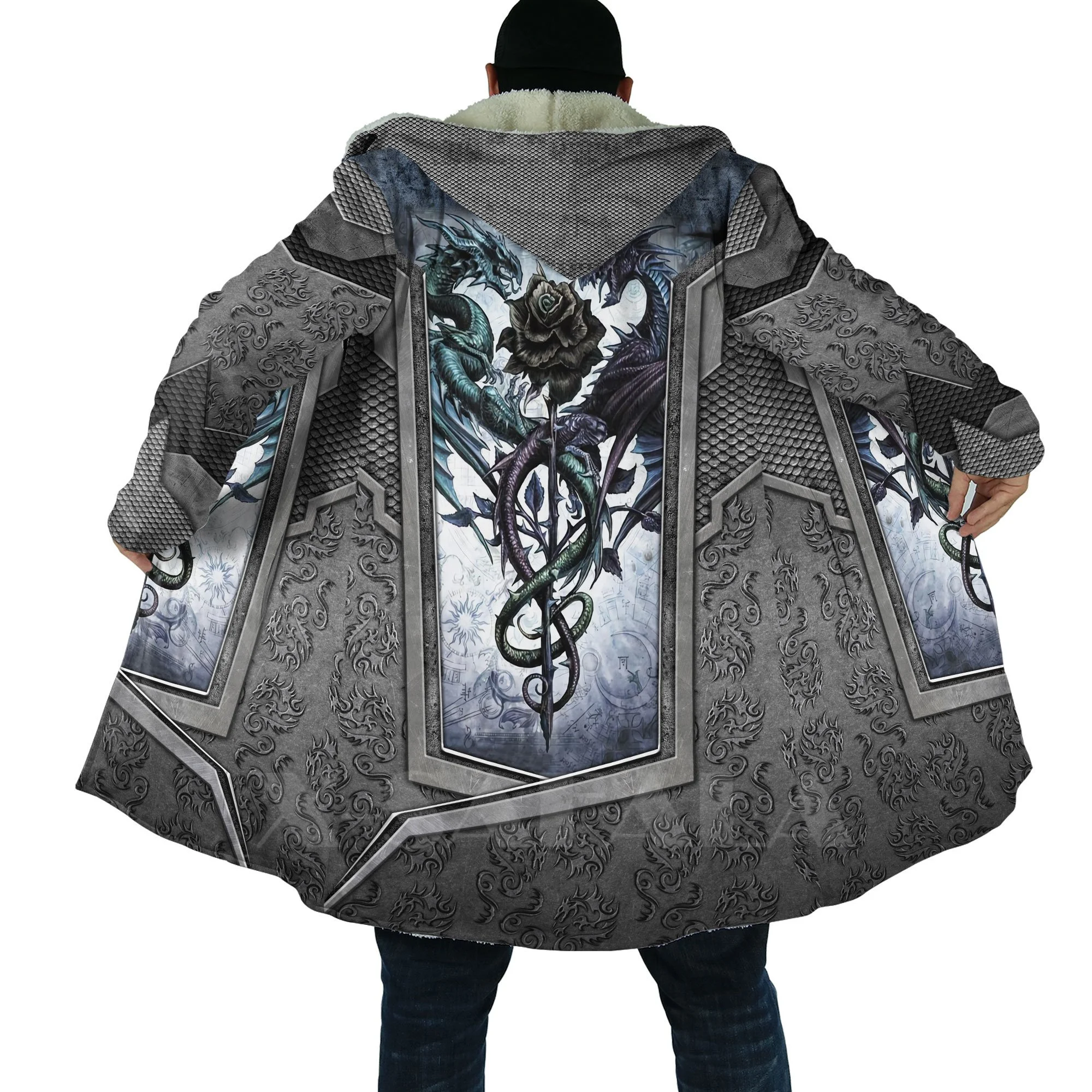 

Viking Skull And Dragon Armor Tattoo Cross Overcoat C3D Printed Thick Warm Hooded Cloak for Men Windproof Fleece Unisex Casual-7