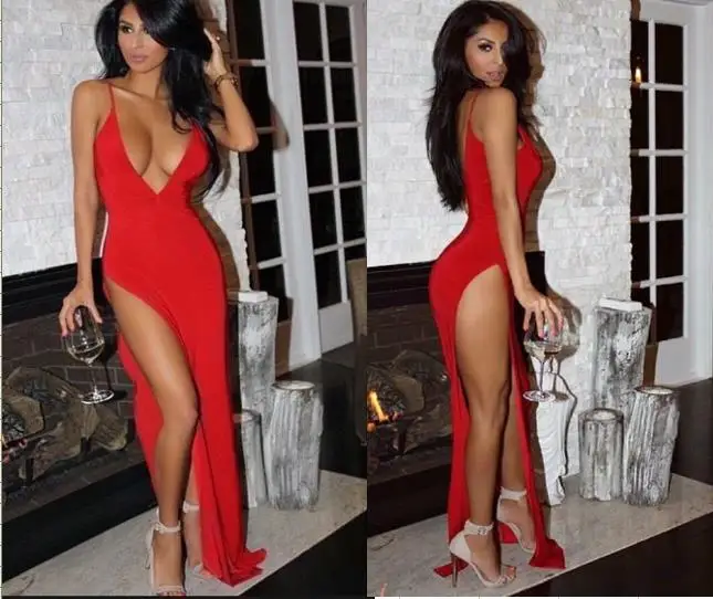 

2019 explosion models sexy V-neck spaghetti strap high slit black dress sleeveless backless long women dresses evening party