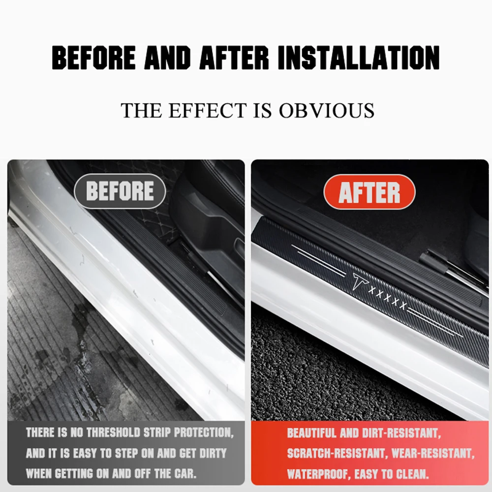

4pcs Carbon Fiber Car Door Threshold Scuff Plate Stickers For Tesla Model 3 Y Model S Model X Accessories 2018 2019 2020 2021
