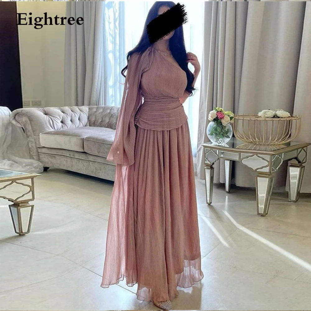 

Eightree Dusty Pink Long Sleeves Prom Dresses 2021 One Shoulder Formal Evening Dress Pleated Prom Party Gown Vestidos de festa