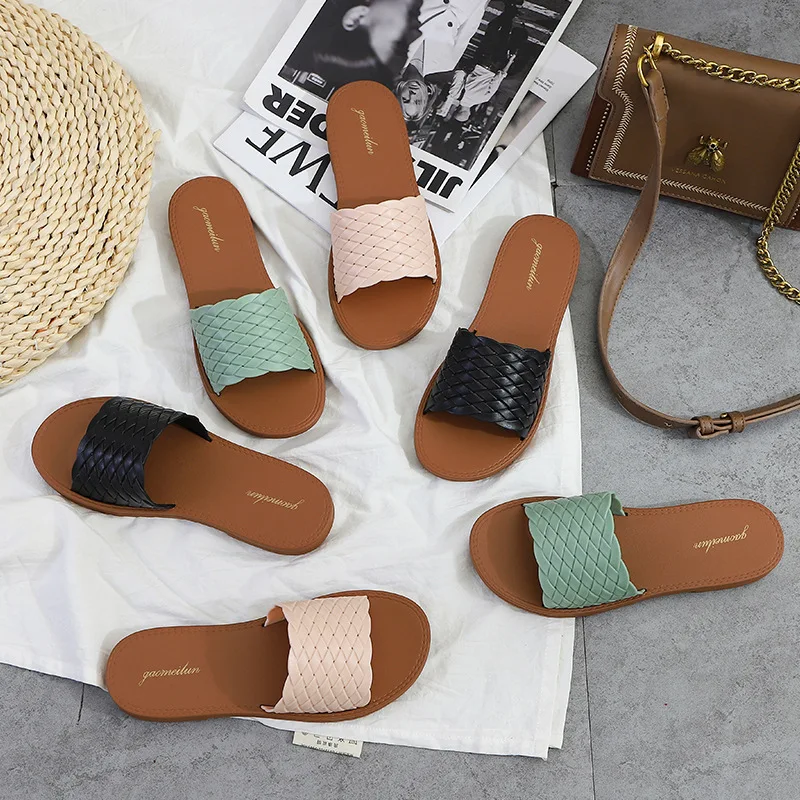 

Lazy Beach Shoes One Word Braided Belt for Outer Wear, Fairy Style Flat Roman Slippers Flat Sandals and Slippers Women