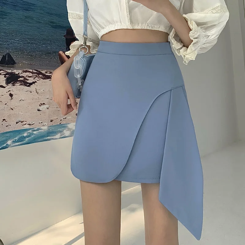 

3 Sizes S-l Blue Black Simple Solid Casual A-line Asymmetrical Chiffon Offical Lady 2021 Women Skirts