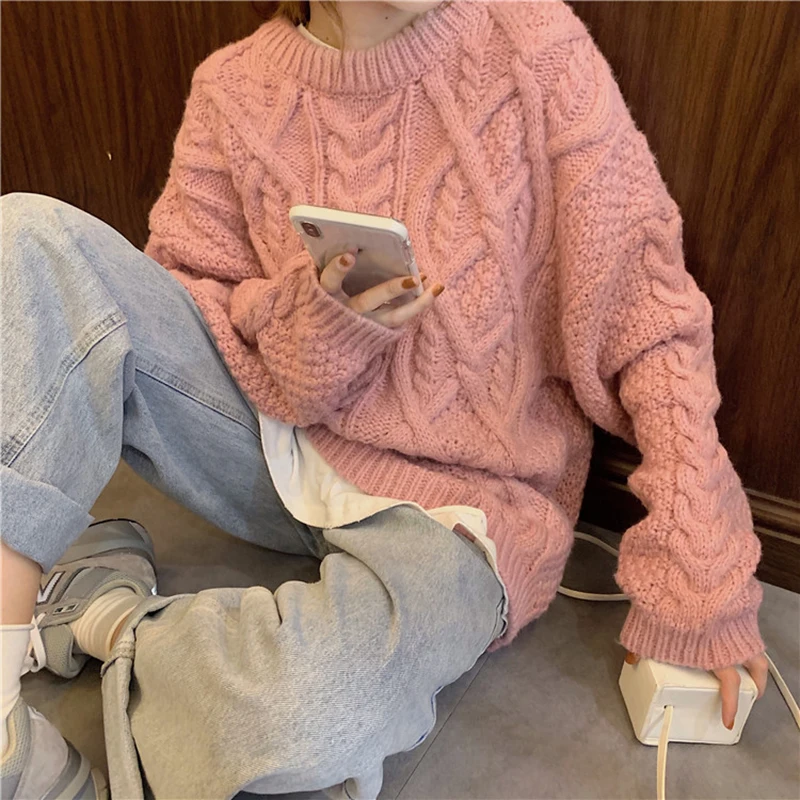 

Casual Harajuku Solid Loose Floral Knit Women Sweater Soft Warm Round Neck Long Sleeve Oversize Pullover Jumper Female Outwear
