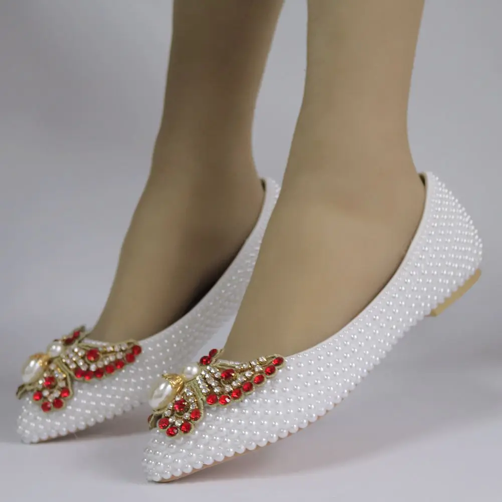 

White flat bridesmaid shoes bridal wedding shoes handmade pearl maternity shoes plus size casual shoes