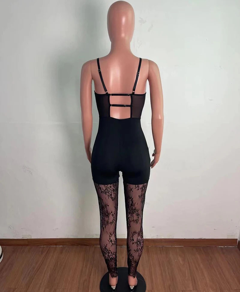

Beyprern New Chic See Through Black Lace Jumpsuits Women Rompers Summer Sexy Deep V Neck Straps Skinny Rompers Party Club Tights