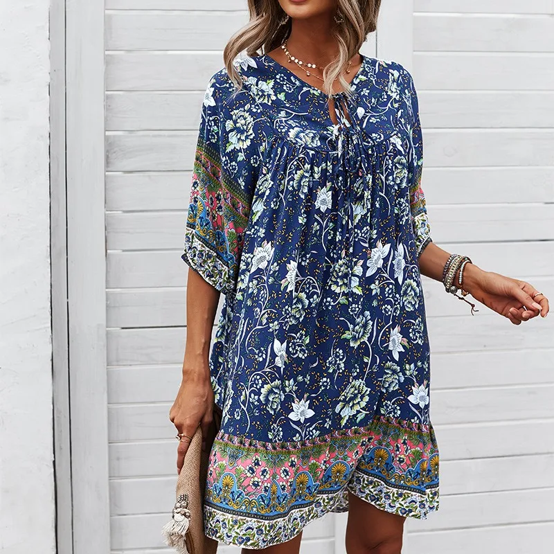

Uclio Boho V-Neck Lace-Up Floral Summer Dress Ladies Mini Vintage Dresses Women Casual Loose Beach Party Robe