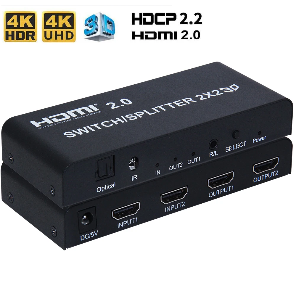 

HDMI-compatible 2.0 Switch Splitter with audio toslink&Aux 2X2 Switcher Splitter Box UHD 4K 60Hz HDR HDCP 2.2 for PS4 pro