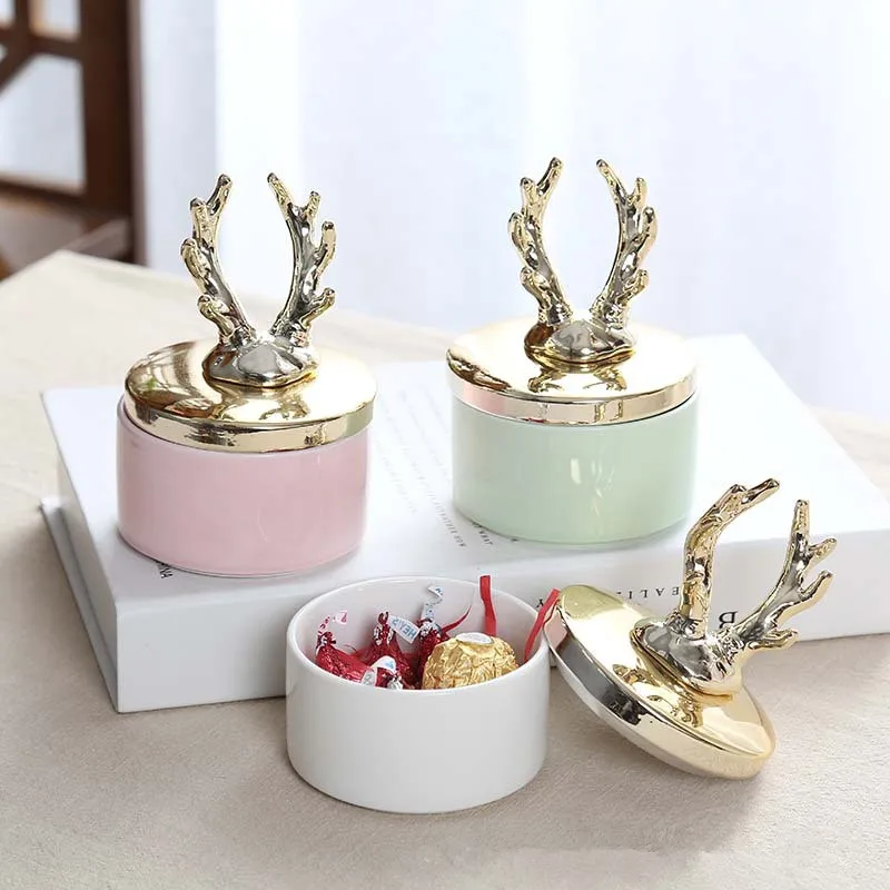 

Ceramic Golden Antler Candy Storage Bottles Romantic Ring Jewelry Jar Lover Gift Wedding Decorations Bottles for Home Decor