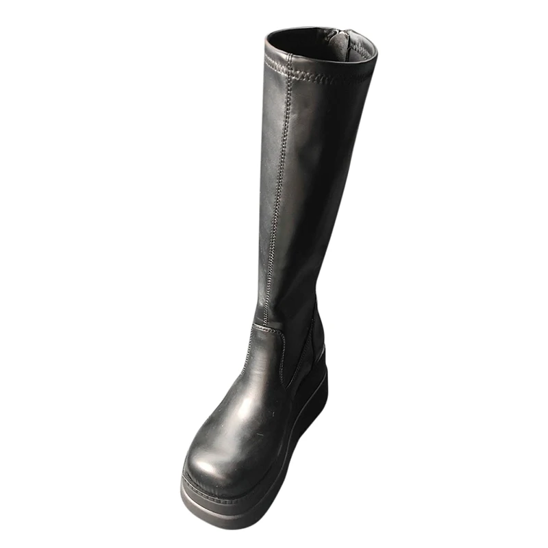 2020 роскошные сапоги женские кожаные ботинки на не сужающемся книзу массивном