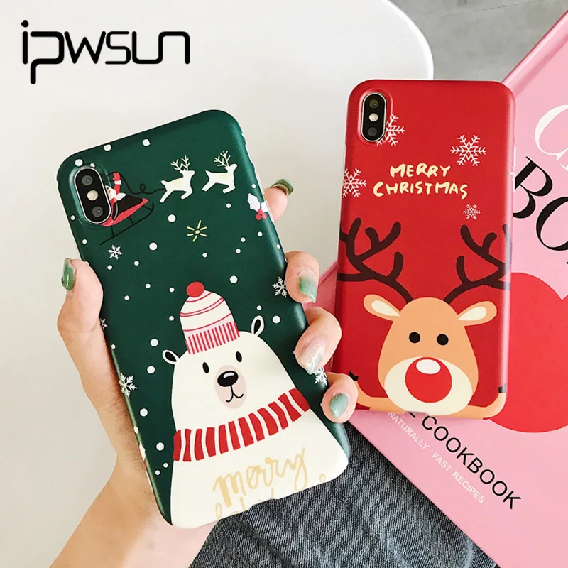IPWSOO Счастливого Рождества чехол для iPhone X XR XS Max Мультфильм Олень Медведь шаблон