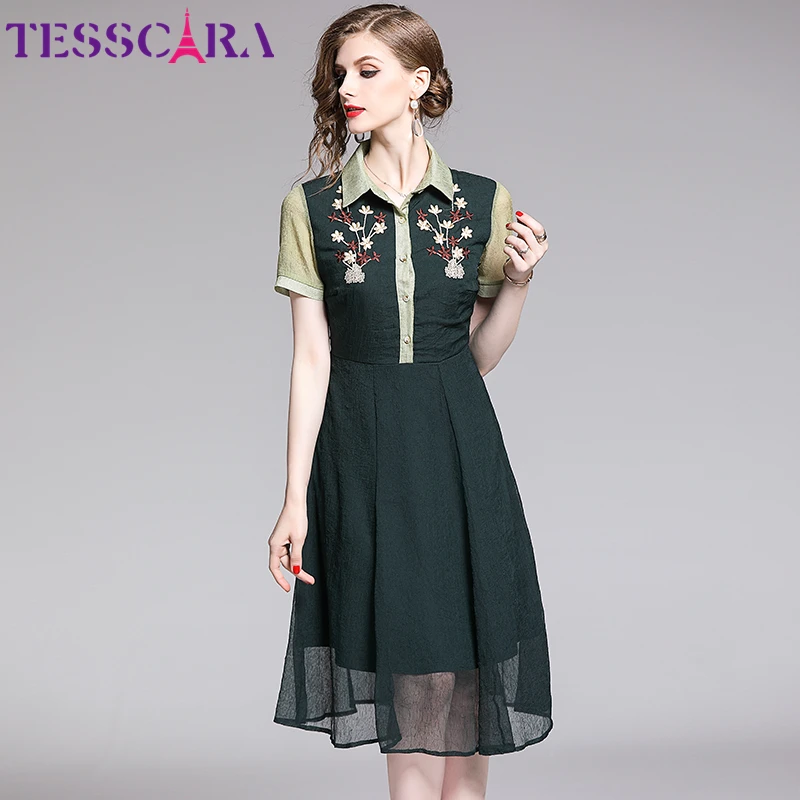 TESSCARA женское летнее элегантное платье с вышивкой рубашка женские офисные