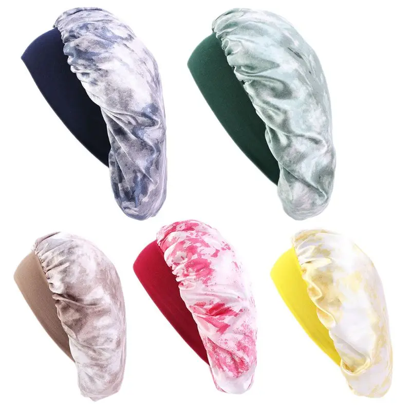 

Women Gradient Tie-Dye Satin Bonnet Sleeping Cap Elastic Wide Band Night Head Cover Hair Loss Chemo Turban Hat Hair Wrap
