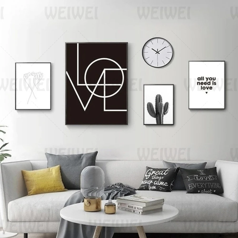 

Black and White Gray Home Decoration Painting Simple Style Living Room Canvas Painting Cactus Love Text Heart-Shaped Wall Poster