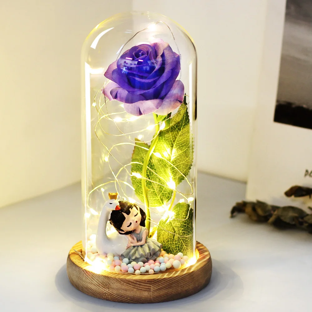 New Valentine's Day Gift LED Light Rose Gold Plated Red Glass Dome Belle And The Beast Roses For Mothers Wedding Party | Дом и сад