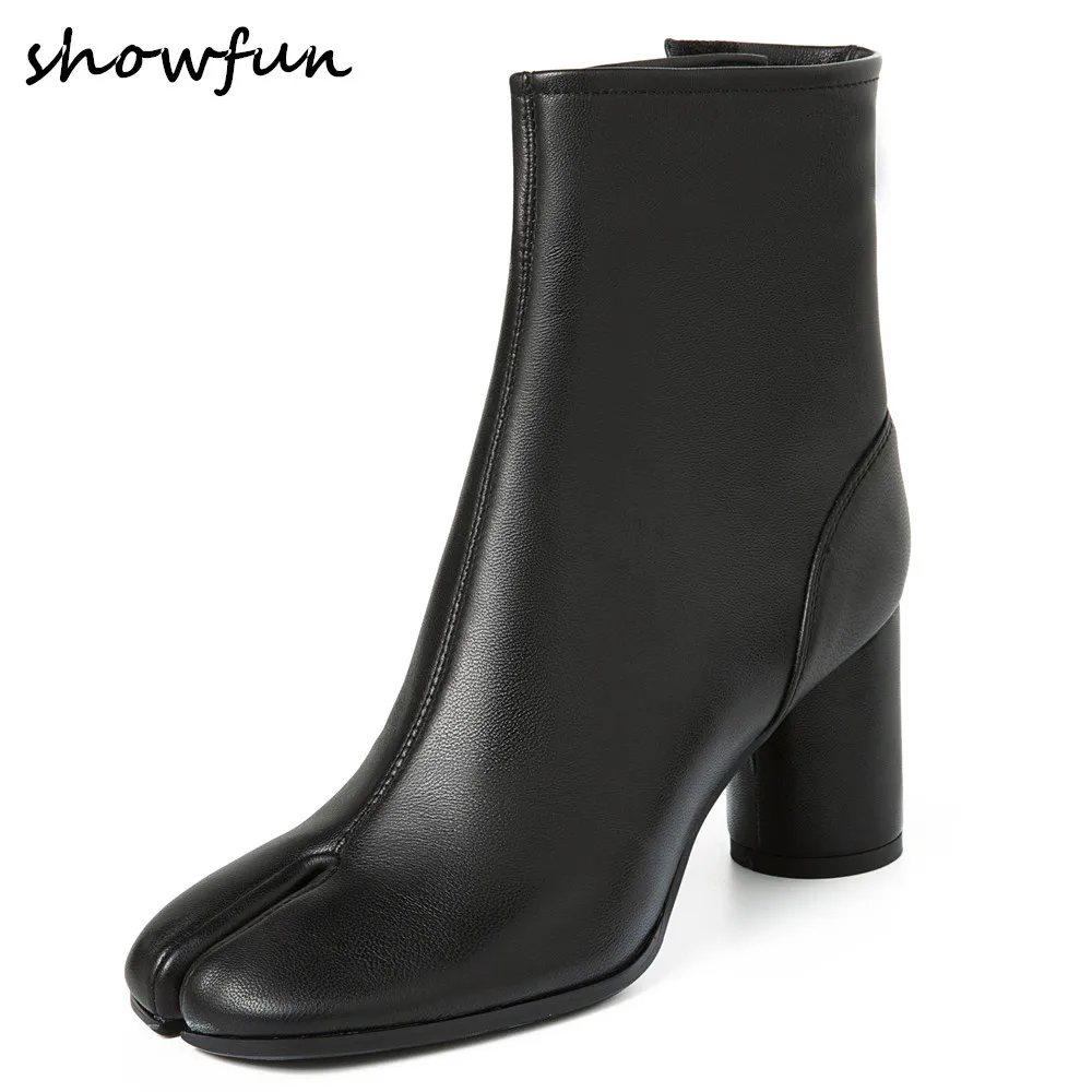 

Женские ботильоны из натуральной кожи на толстом высоком каблуке с застежкой-липучкой, элегантные черные облегающие короткие ботинки, Осен...