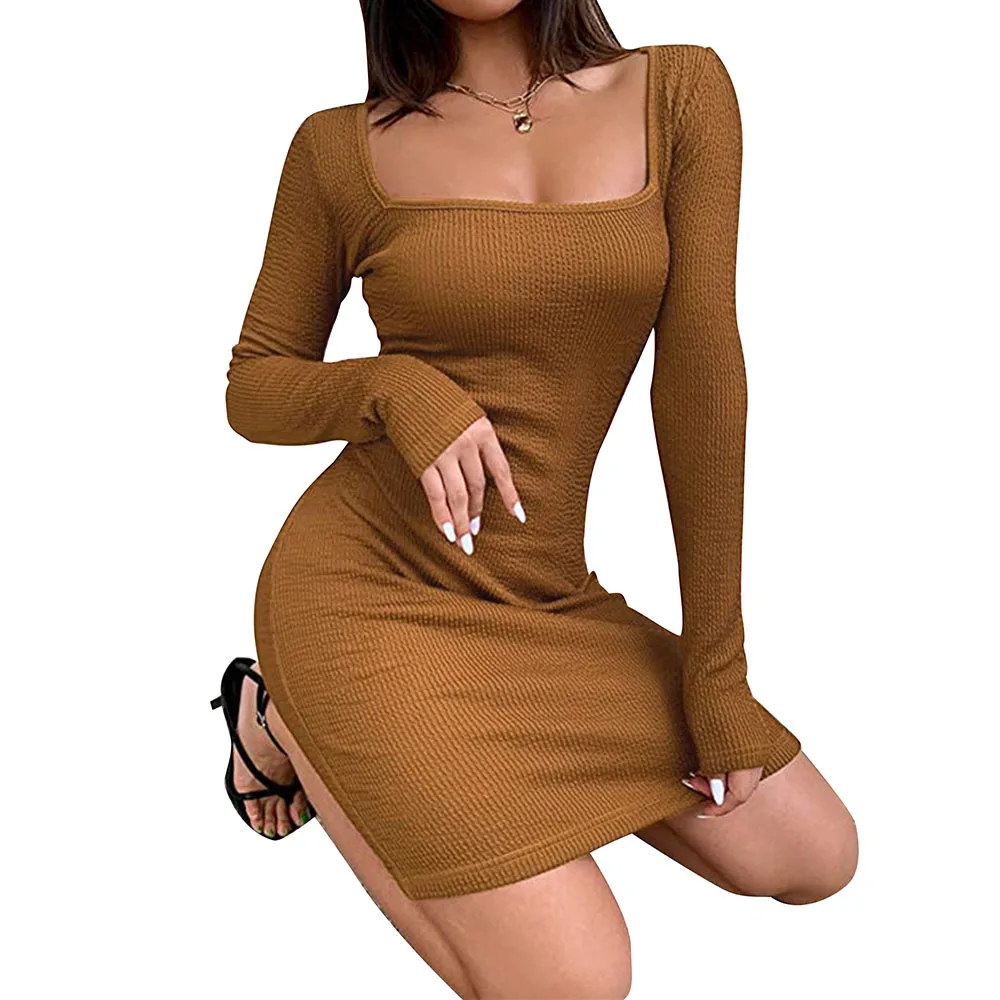 

Elegant Women Sexy Bodycon Dress Square Neck Short Dresses Long Sleeve Solid Color Female Slim Fit Mini Dress Ladies Vestidos