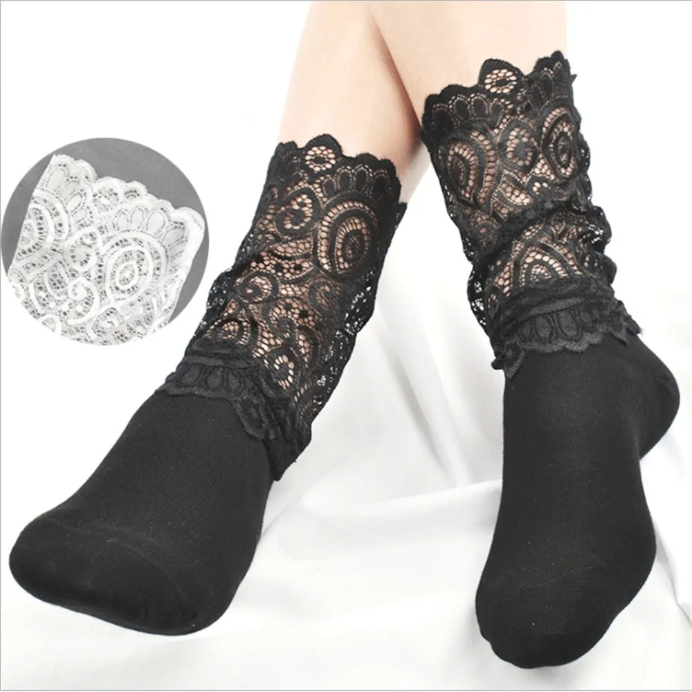 

Spring New Sexy Retro Lace Floral Mesh Korean Lace Goddess Sock Long Tube Lace Pile Socks Cotton Socks Women's Trend Calf Socks