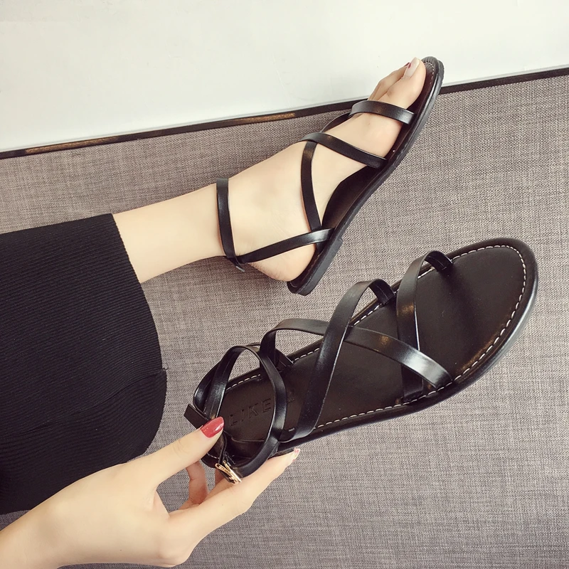 

MIYEDA Ladies Lace Up Sandals Cross Tied Ankle Strap Solid Flats Summer Seaside Black Casual Narrow Band Female Shoes