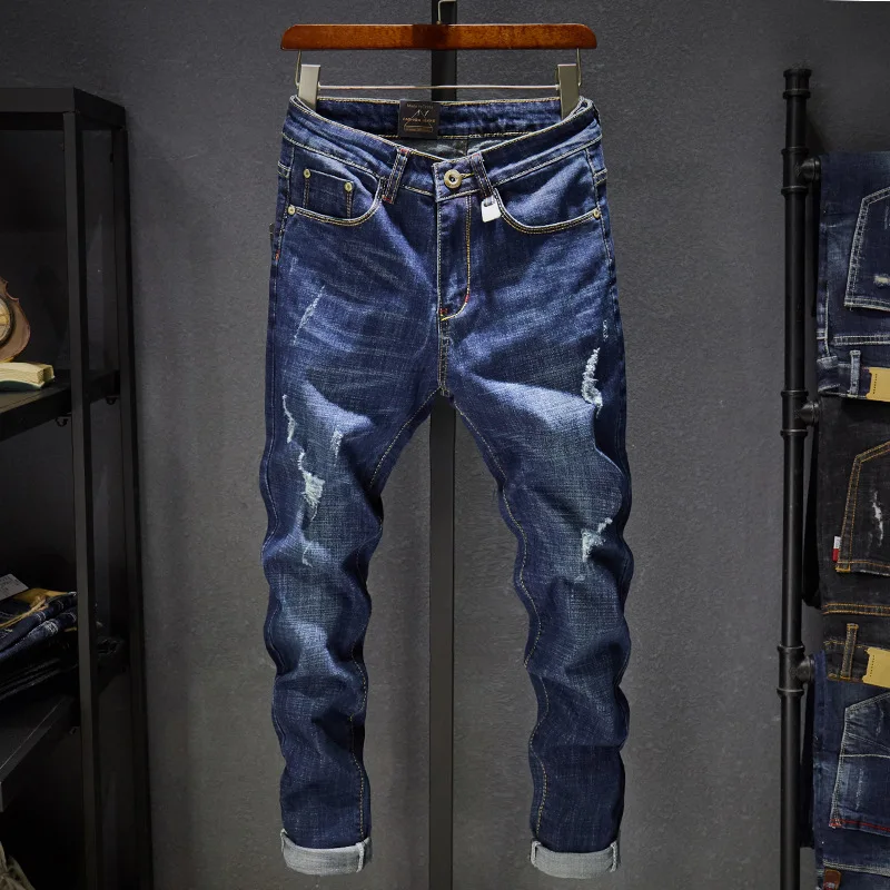 2020 Men New Fashion Distressed Holes Jeans Casual Cotton Slim Blue Long Pants Denim Motorcycle Biker Autumn | Мужская одежда
