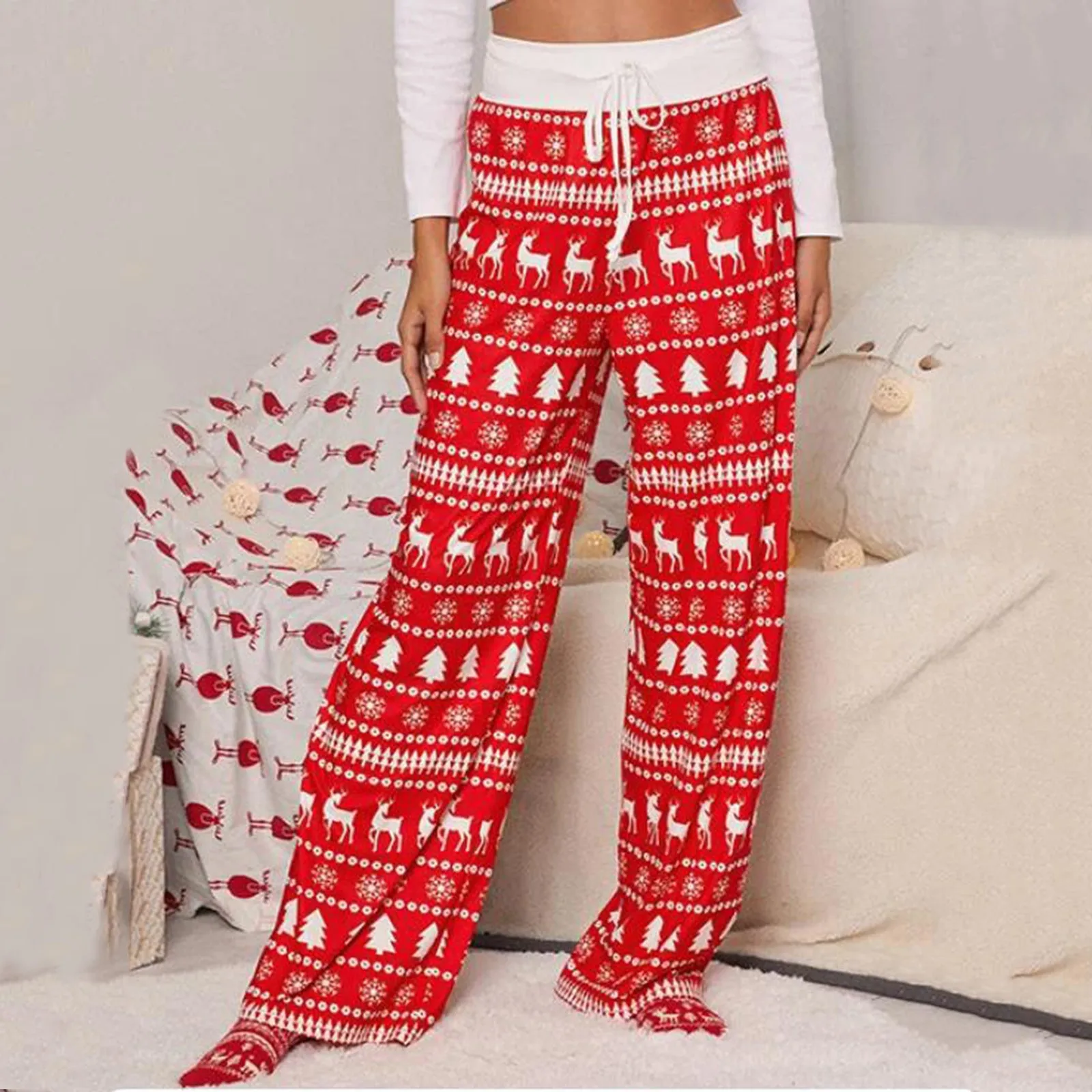 

Leggings Women Loose Christmas Print Mid Waist Legging Drawstring Long Pants Wide Leg Sports Leggins Pantalones De Mujer