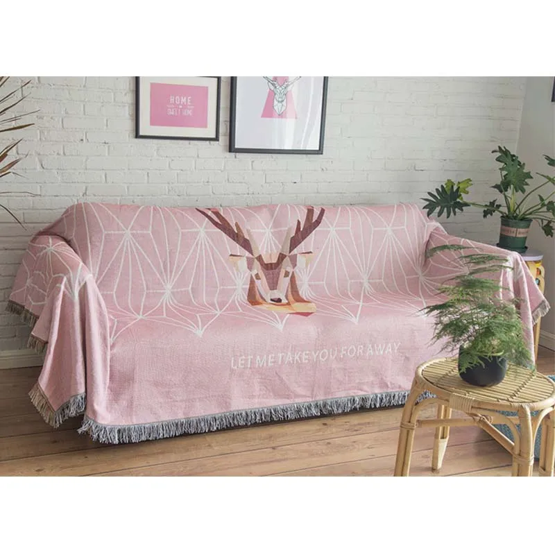 Плед для дивана в скандинавском стиле покрывало розового и серого цвета с