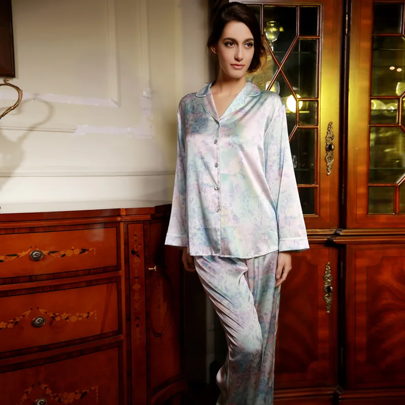 Womens Sleepwear Pure 19MM Silk Floral Print Womens Pajamas Top and Bottom Set Size M L XL
