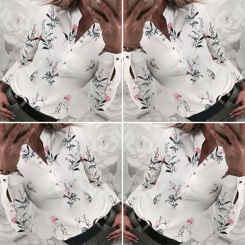 Womens Tops Ladies Blouse Business Lapel Collar Fashion V Neck Formal Slim Floral Plus Size |