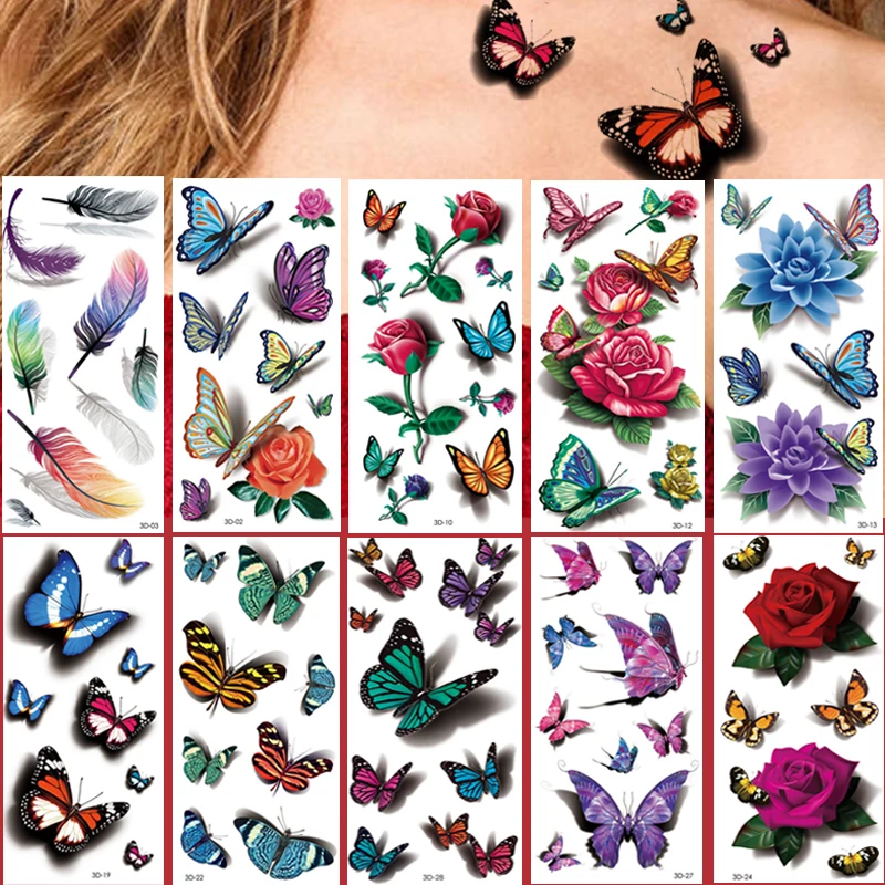 10 стилей Бабочка роза цветок боди арт летающие водонепроницаемые Временные