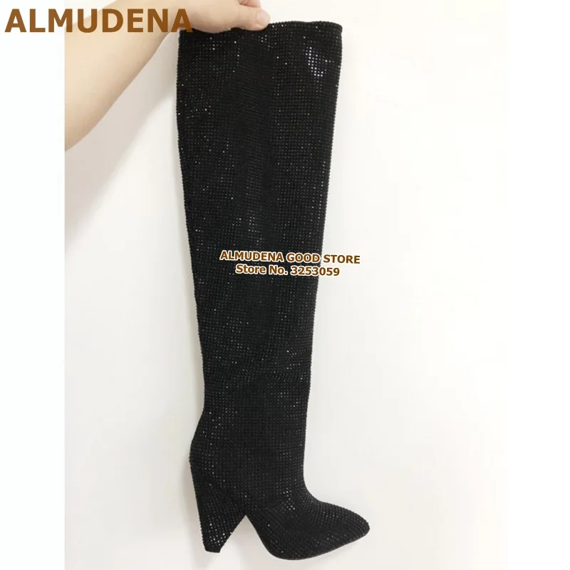 black as picture ALMUDENA/Серебристые блестящие высокие сапоги с кристаллами Высокие сапоги до колена на шпильке с блестящими стразами настоящая фотография фабрики на танкетке - Цвет: black as picture