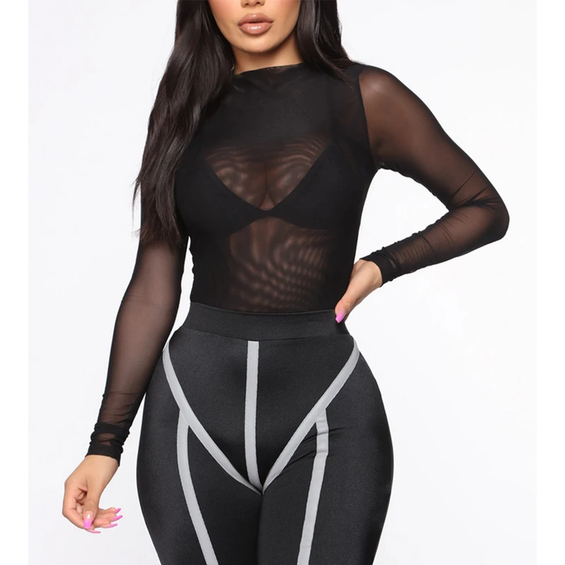 2019 New Women Long Sleeve Bodysuit SeeThrough Bodycon Jumpsuit Romper Leotard Top Blouse solid color ladies sexy bodysuit | Женская