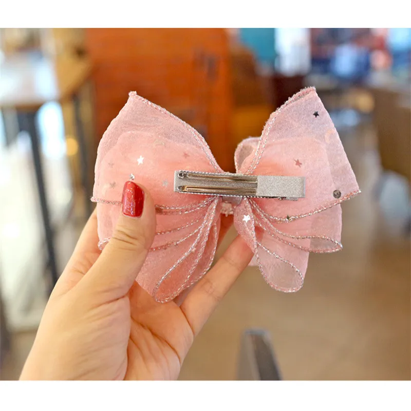 

1PC Multi-layer Mesh Hair Pins Wholesale Star Sequins DIY Bows Holder Crystal Diamond Butterfly Hair Clips For Girls Kids Party