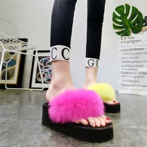 Fox Fur Fluffy Slippers Women's Comfortable Fur Cross Indoor Floor Slippers Furry Shoes Ladies Female Celebrity Slippers
