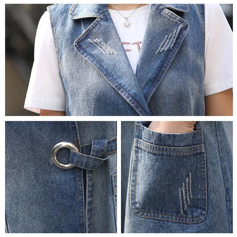 Fashion Bust (100-130cm) S-3XL 2020 Plus Size Summer Jacket Sleeveless Cardigan Ladies Jeans Waistcoats Long Denim Vest Women | Женская