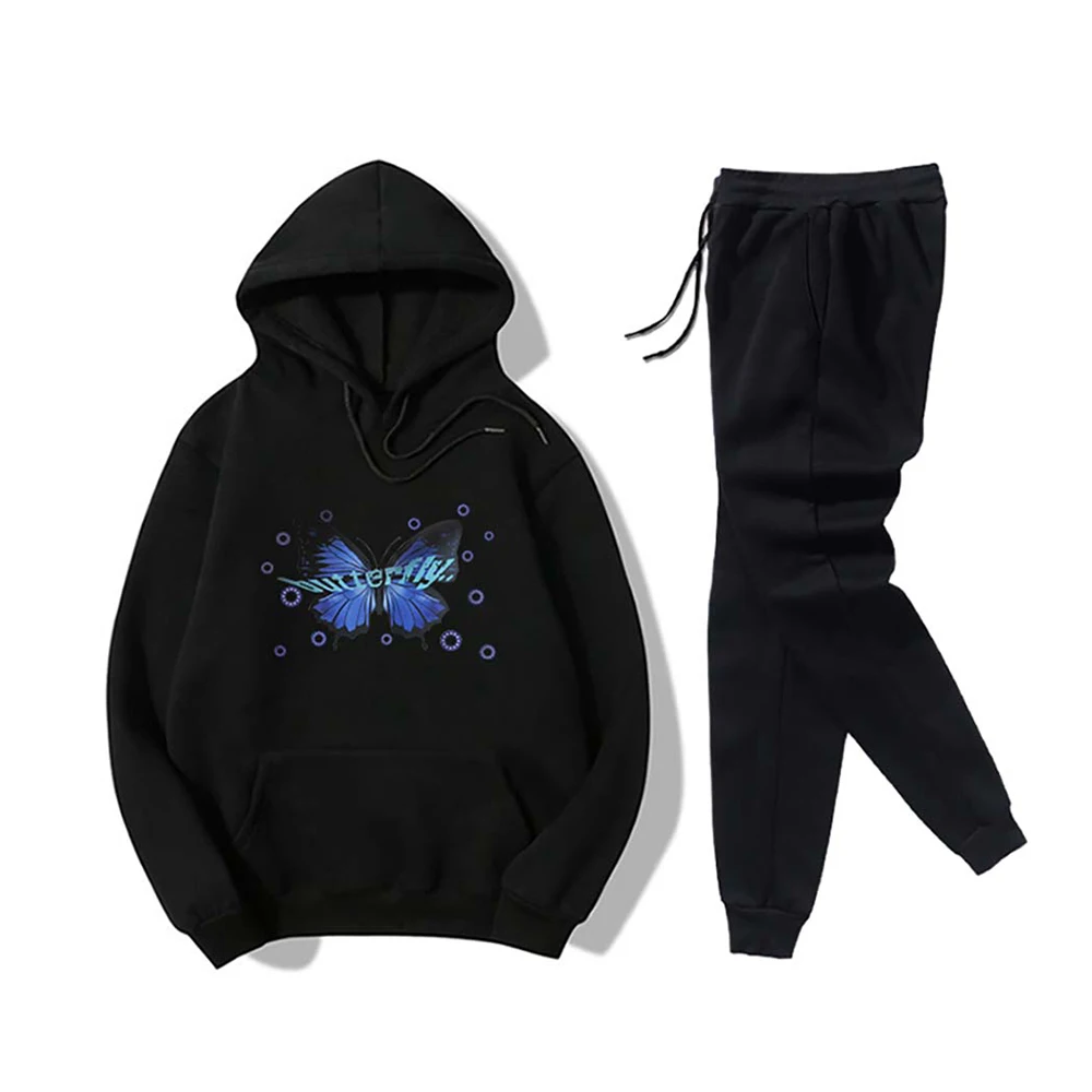 

Women Sport Set Two Piece Blue Butterfly Print Hoodies and Drawstring Sweatpant Sweatshirt Casual Female Tractsuit 2020