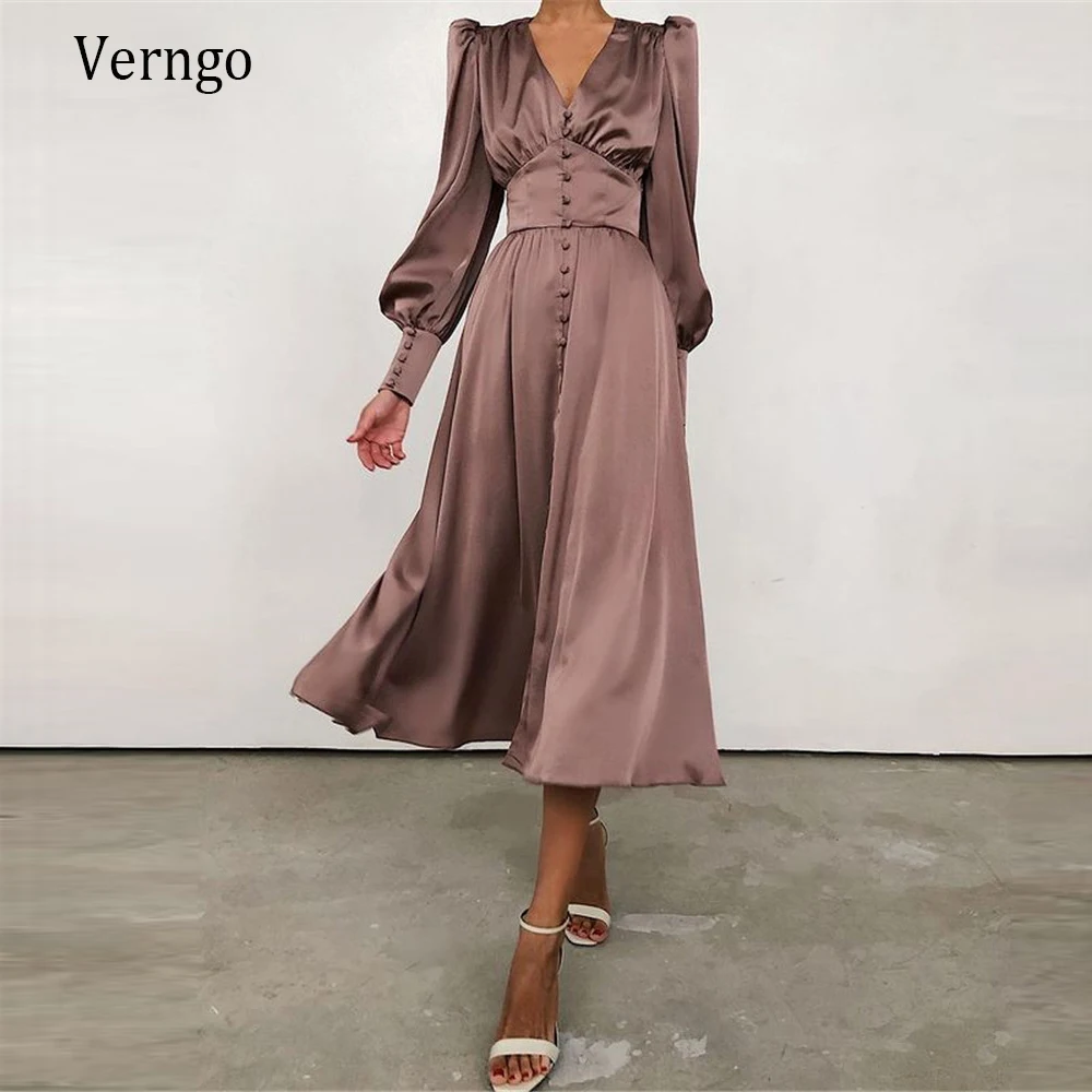 

Verngo Simple Brown Silk Satin Formal Party Dress Long Sleeves V Neck Modest Prom Dress Tea Length 2021 Daily Outfit Custom Made