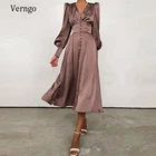 Verngo простой коричневый шелковый атлас официальная Вечеринка платье одежда с длинным рукавом v-образный вырез скромное, на выпускной платье Чай Длина 2021 повседневного наряда индивидуальный заказ
