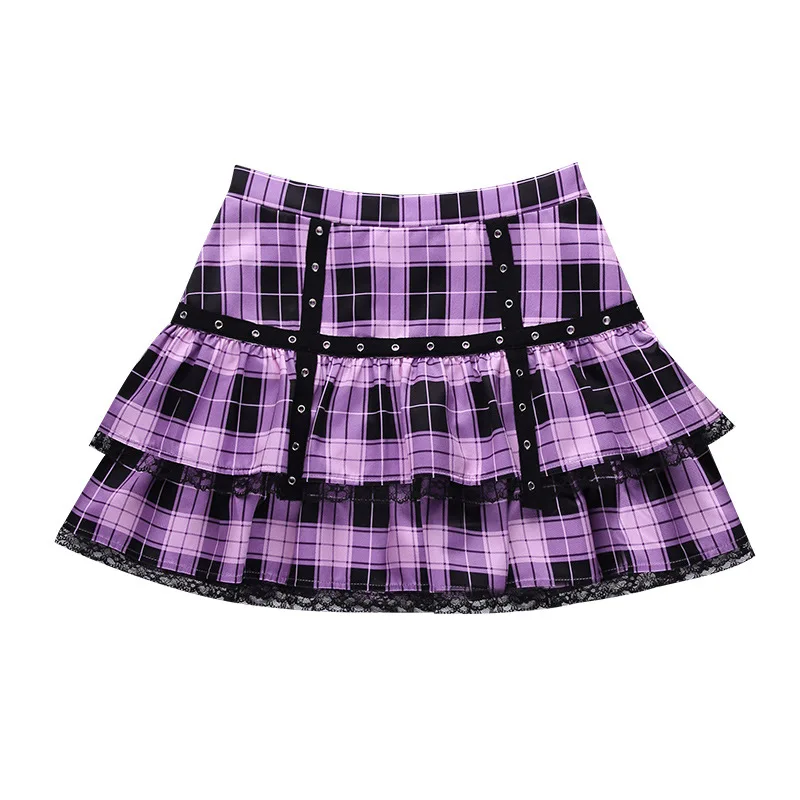 

Gothic Lace Patchwork Skirt Women Harajuku Vintage High Waist Purple Jk Skirt Harajuku Dark Academia Plaid Skirt